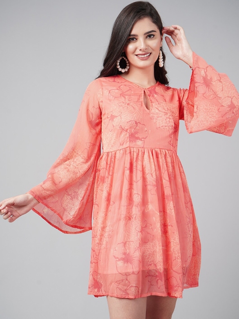 

DressBerry Orange Floral Keyhole Neck Chiffon Dress