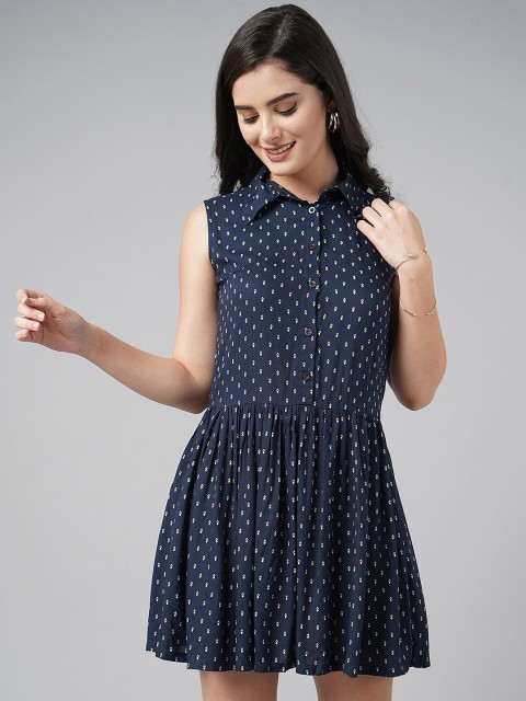 

DressBerry Navy Blue & White Fit & Flare Polka Dot Printed Dress
