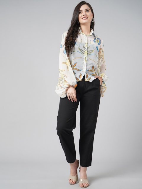 

DressBerry Women Off White & Blue Modern Floral Printed Semi Sheer Printed Casual Shirt