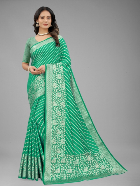 

nirja Fab Sea Green & Silver-Toned Woven Design Zari Silk Blend Banarasi Saree