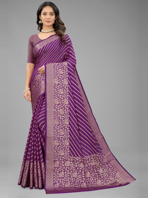 

nirja Fab Women Purple & Gold-Toned Woven Design Zari Silk Blend Banarasi Saree
