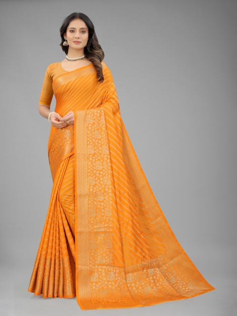 

nirja Fab Women Orange & Gold-Toned Woven Design Zari Silk Blend Banarasi Saree