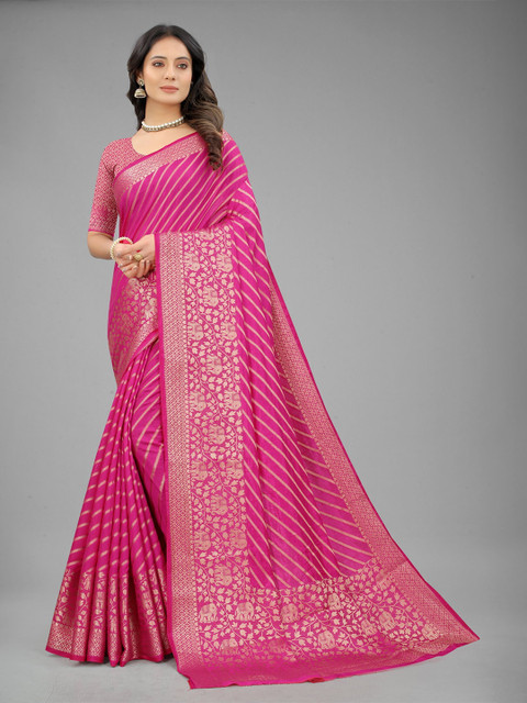 

nirja Fab Pink & Gold-Toned Woven Design Zari Silk Blend Banarasi Saree