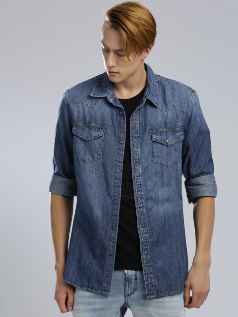 

GUESS Men Blue Slim Fit Faded Denim Casual Shirt