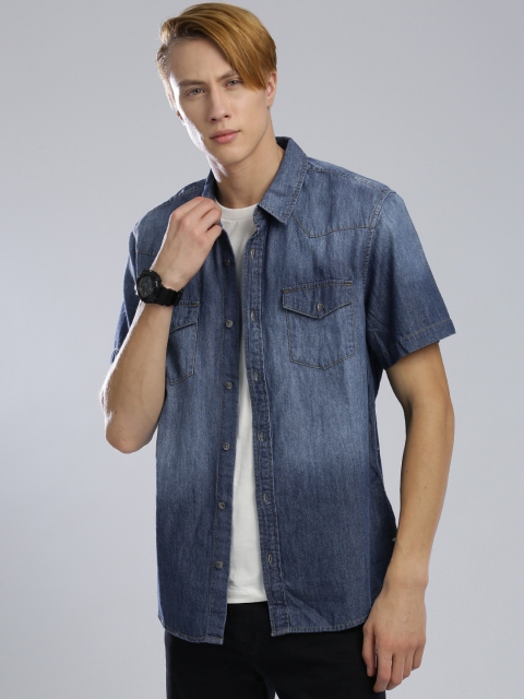 

GUESS Men Blue Slim Fit Faded Denim Shirt