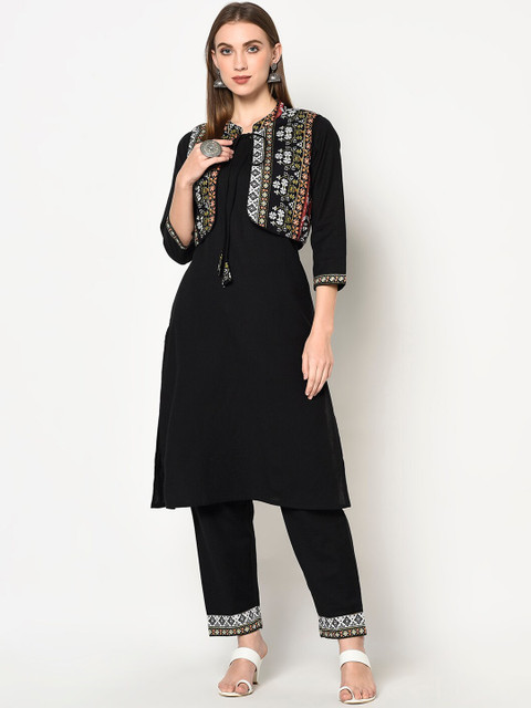 

ERISHA Women Black Solid Kurta with Trousers and Jacket