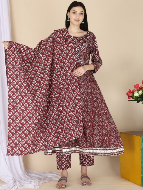 

ERISHA Women Brown Floral Printed Pure Cotton Kurta with Palazzos & Dupatta