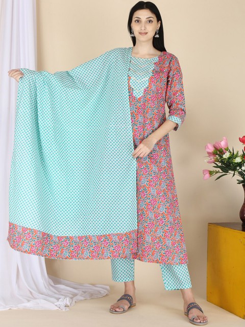 

ERISHA Women Pink Ethnic Motifs Printed Pure Cotton Kurta with Palazzos & With Dupatta
