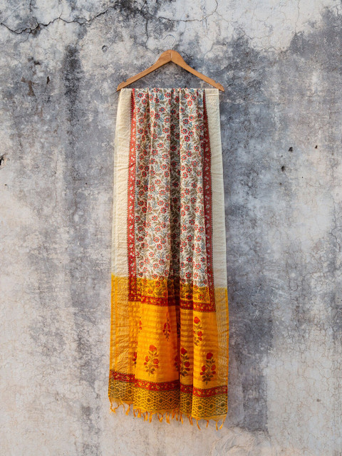

SHRINKHLA Yellow & Cream-Coloured Printed Cotton Silk Dupatta