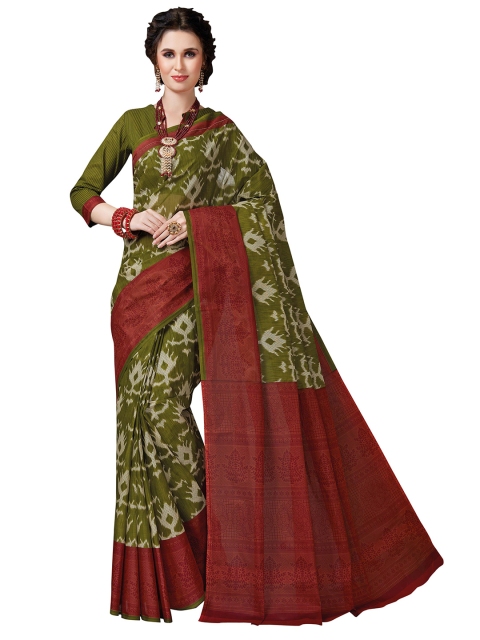 

Rani Saahiba Women Olive Green & Maroon Ethnic Motifs Pure Cotton Saree