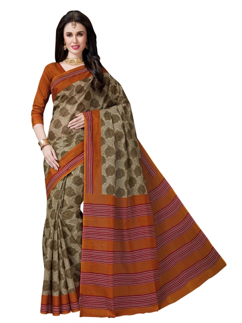 

Rani Saahiba Beige & Orange Floral Pure Cotton Saree