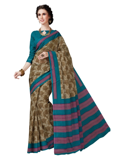 

Rani Saahiba Beige & Green Floral Printed Pure Cotton Saree With Blouse Piece