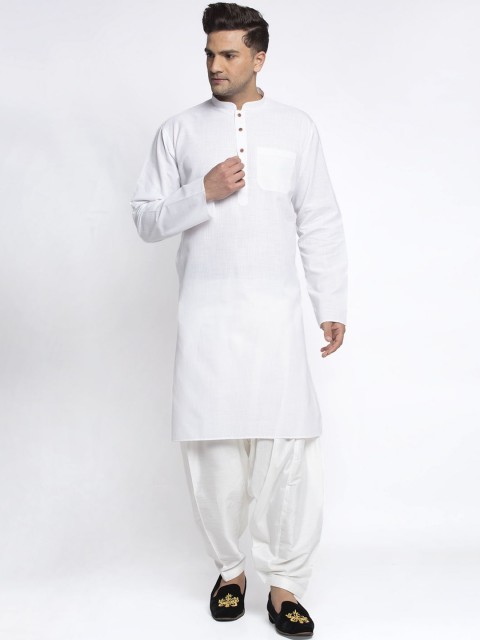 

MAXENCE Men White Angrakha Pure Cotton Kurta with Salwar