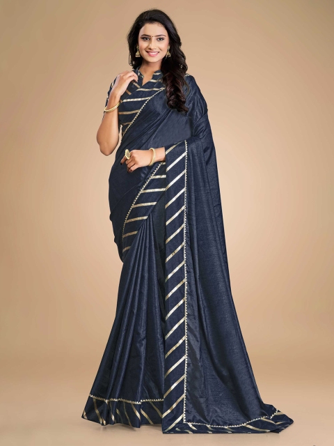

ZIKARAA Navy Blue & Gold-Toned Silk Cotton Saree