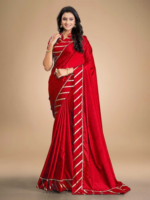 

ZIKARAA Red & Gold-Toned Striped Silk Cotton Saree