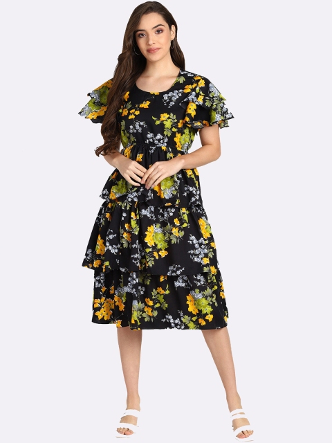 

shashvi Black Floral Layered Crepe Dress