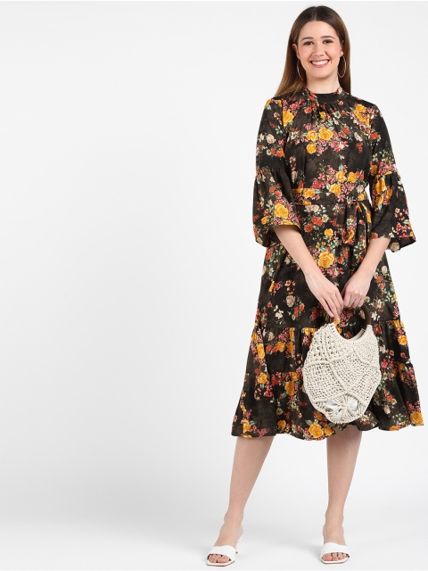 

shashvi Brown Floral Fit and Flare Western Midi Dress