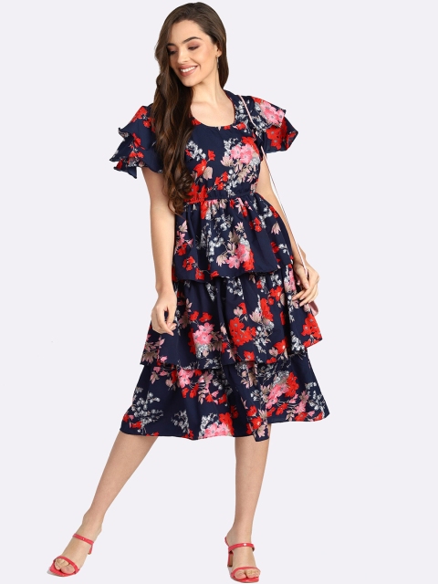 

shashvi Blue & dark sapphire Floral Layered Crepe Midi Dress, Green