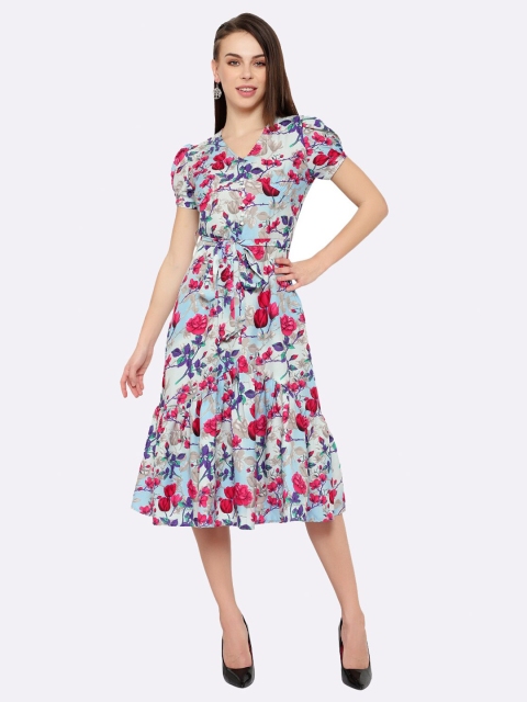 

shashvi Women Blue Floral Crepe Western Midi Dress