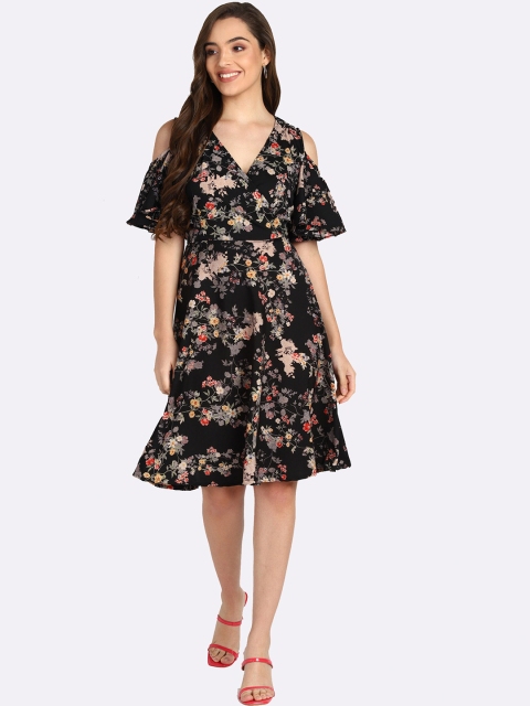 

shashvi Black Floral Crepe Casual Fit and Flare Dress
