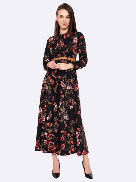 

shashvi Black Floral Printed Tie-Up Neck Crepe Fit & Flare Maxi Dress