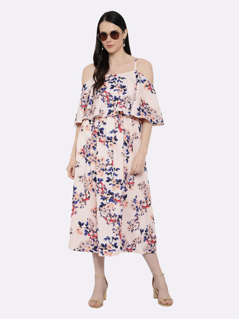 

shashvi Pink Floral Crepe Midi Dress