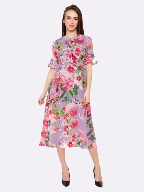 

shashvi Lavender & Pink Floral Tie-Up Neck Crepe Maxi Dress