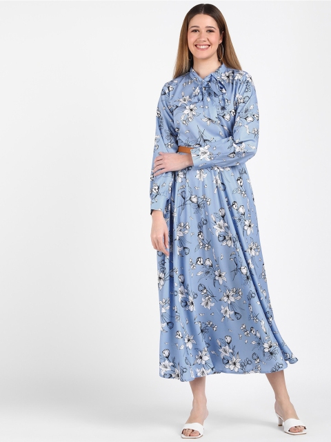 

shashvi Blue Floral Tie-Up Neck Crepe Midi Dress