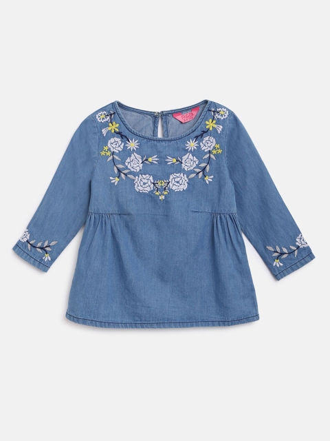 

R&B Girls Blue & White Floral Embroidered Keyhole Neck Pure Cotton Top