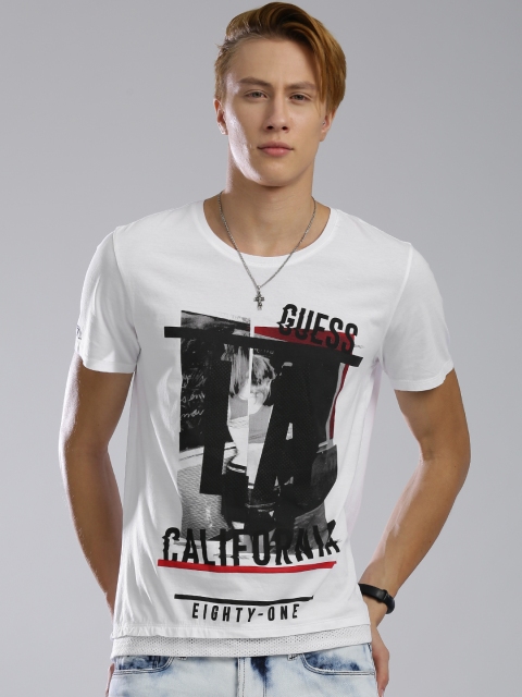 

GUESS Men White Printed Round Neck T-shirt