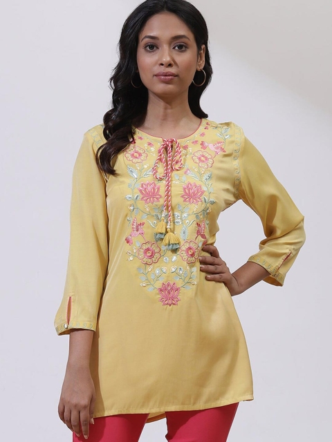 

Lakshita Yellow & Pink Floral Embroidered Pure Cotton Kurti