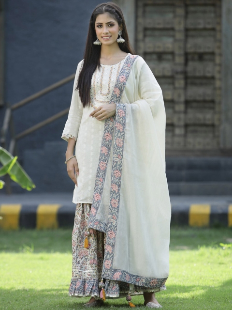 

Juniper Women White Ethnic Motifs Kurta with Sharara & With Dupatta