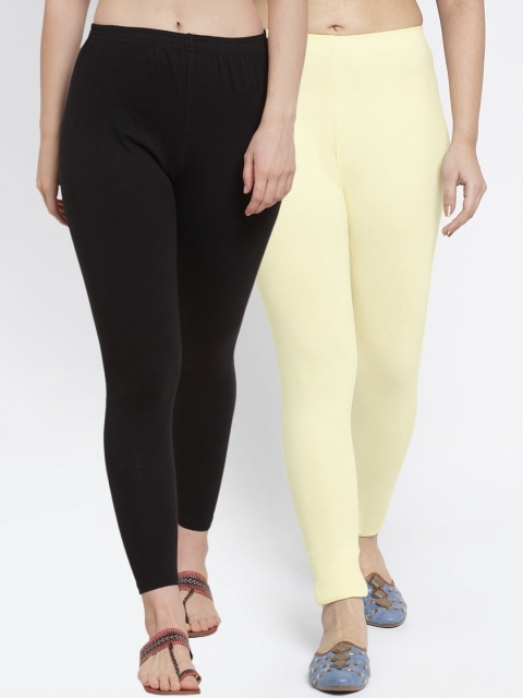 

GRACIT Women Pack of 2 Black & Cream Solid Ankle-Length Leggings