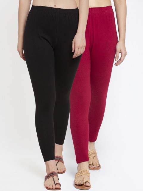 

GRACIT Women Pack of 2 Black & Maroon Solid Ankle-Length Leggings