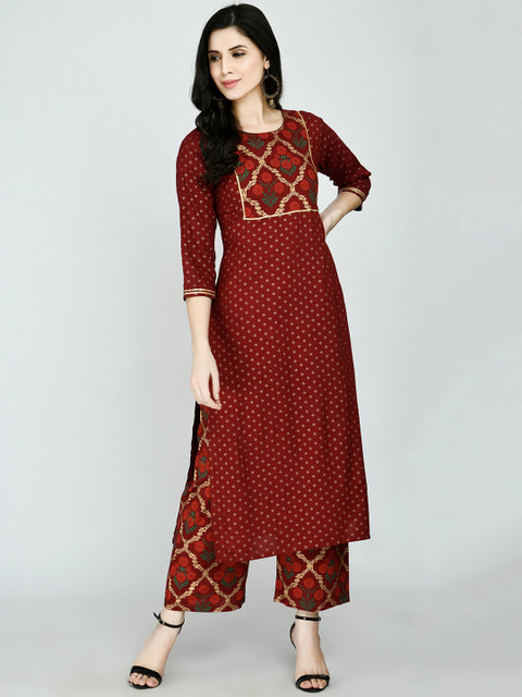 

KALINI Women Maroon Printed Pleated Gotta Patti Kurta with Palazzos