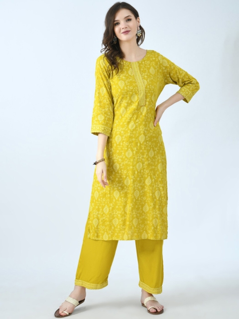 

KALINI Women Yellow Floral Printed Pure Cotton Kurta with Trousers