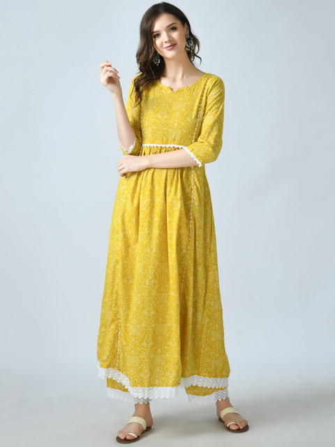

KALINI Women Yellow Empire Pure Cotton Kurta with Trousers