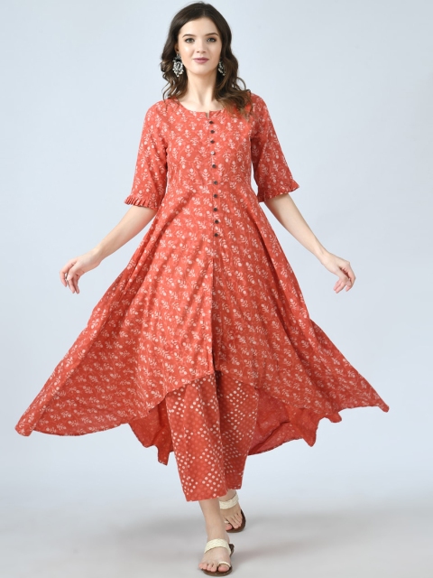 

KALINI Women Orange Striped Empire Gotta Patti Pure Cotton Kurti With Trousers