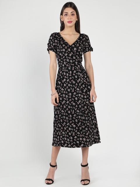 

DEBONATELLA Black & White Floral Crepe Casual Wrap Midi Dress