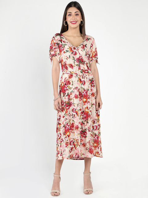 

DEBONATELLA Pink & novelle peach Floral Crepe A-Line Midi Dress
