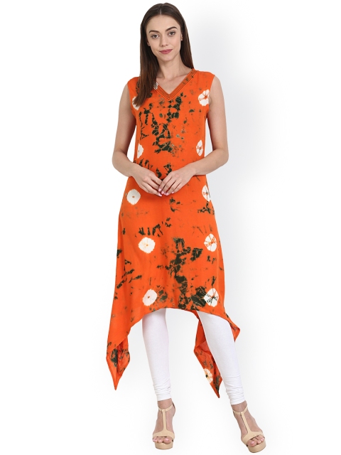 

Nayo Women Orange Tie-Dyed Asymmetrical Hem A-Line Kurta