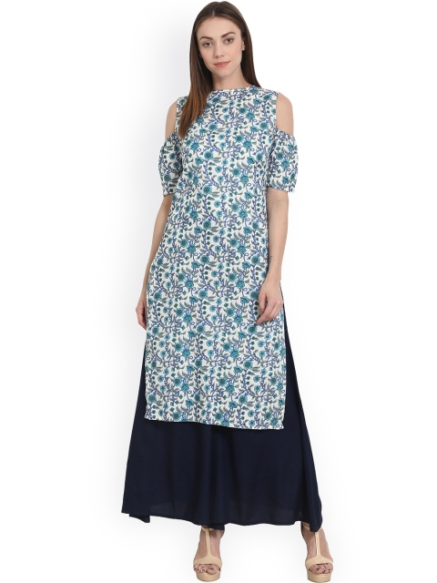 

Nayo Women Blue Printed Straight Cold Shoulder Kurta