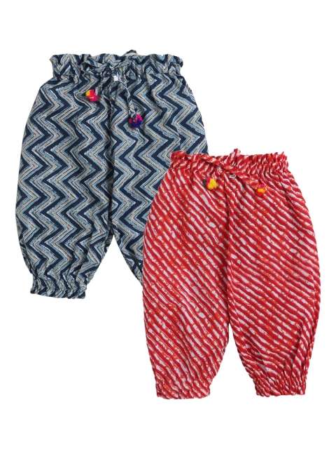 

Hopscotch Girls Set Of 2 Blue & Red Ethnic Motifs Printed Trousers, Multi