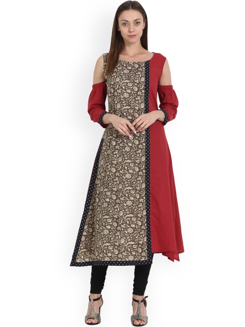 

Nayo Women Grey & Maroon Printed Cold Shoulder Asymmetric Anarkali Kurta