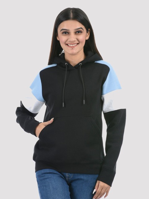 

ONEWAY Women Color Blocked Black Hooded Sweatshirt