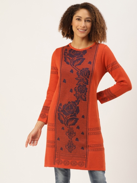 

American Eye Women Orange & Navy Blue Floral Woven Design Woollen Kurti