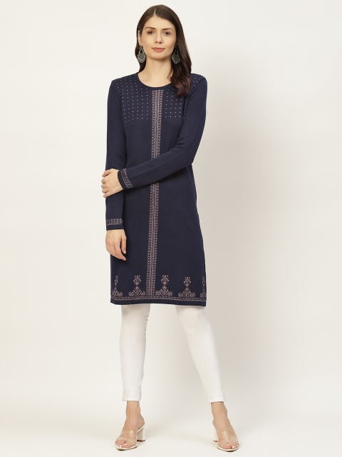 

American Eye Women Navy Blue & Golden Ethnic Motifs Printed Kurta