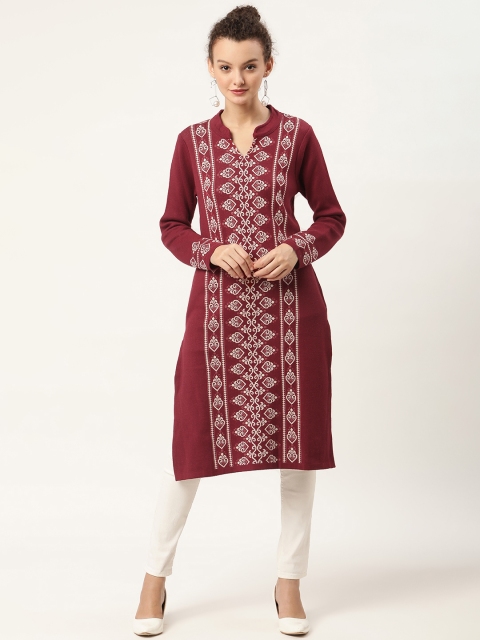 

American Eye Women Maroon & Off White Ethnic Motifs Design Woollen Kurta