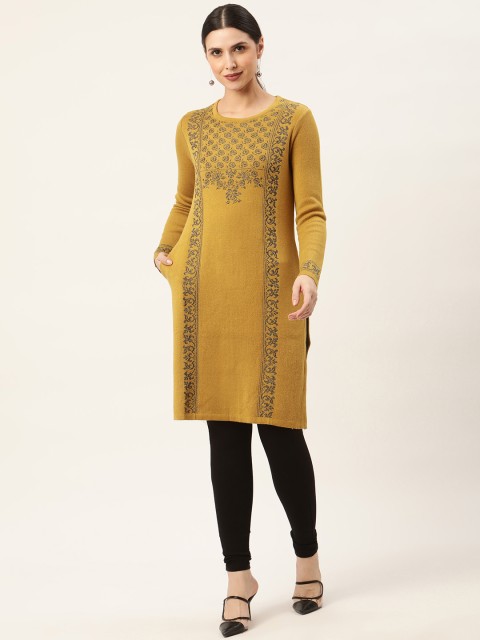 

American Eye Women Mustard Yellow & Grey Floral Printed Kurta