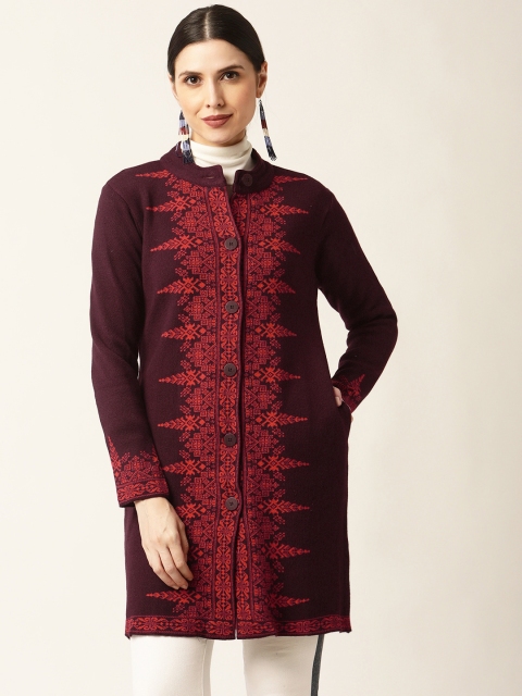 

American Eye Women Red & Black Printed Longline Cardigan